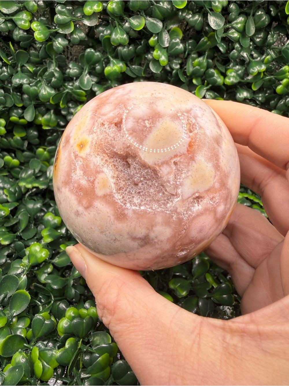 Pink Flower Agate Sphere w/ Druzys 71mm